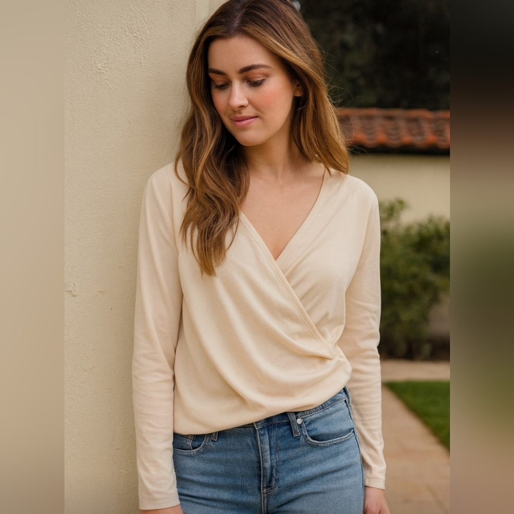 J. Crew Mercantile Cream Velvet Faux Wrap Top